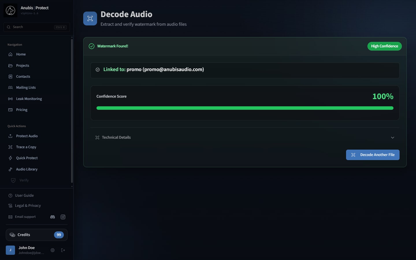 Anubis Protect decoding a watermark from an audio file