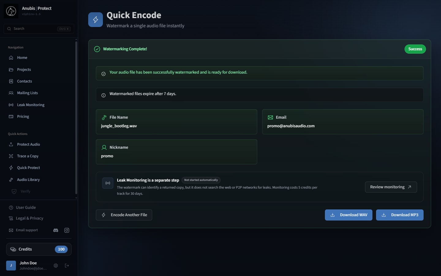 Anubis Protect showing a completed audio watermark and download options