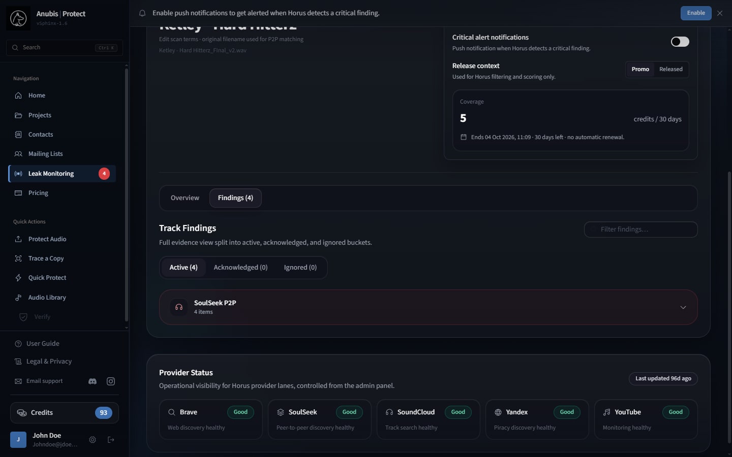 Horus monitoring dashboard with watched releases, source results and evidence